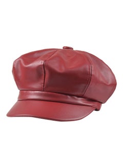 Buy Women Vintage Faux Leather Solid Color Outdoor Beret Painter Flat Hat Peaked Cap Wine Red in Saudi Arabia