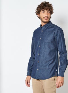 Buy Collared Neck Classic Shirt Dark Blue Denim in Saudi Arabia