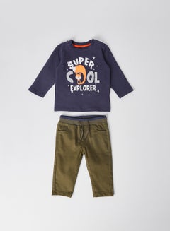 Buy Super Cool Explorer Print T-Shirt And Pant Set Navy Blue/Olive Green in Saudi Arabia