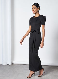 Buy Solid Round Neck Ruffle Sleeve Bardot Dress Black in Saudi Arabia