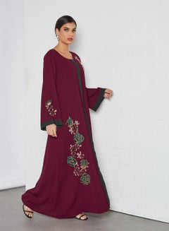 Buy Rose Embroidery Round Neck Jalabiya Maroon in UAE