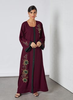 Buy Floral Pattern Round Neck Jalabiya Maroon in UAE