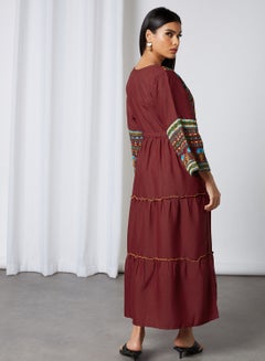 Buy Geometric Plant Tassel Scoop Neck Jalabiya Maroon in UAE