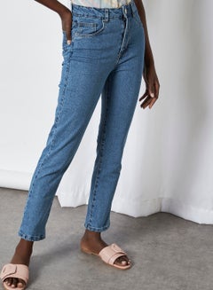 اشتري بنطال جينز بخصر متوسط الارتفاع وبقصة مستقيمة بتصميم سادة أزرق بيركلي في السعودية