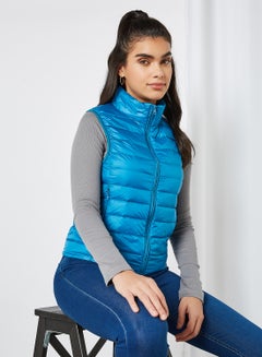 Buy Solid Design Sleeveless Down Jacket Blue in Saudi Arabia