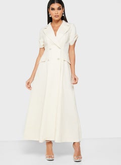 Buy Wrap Front Double Breasted Maxi Dress Off-White in UAE
