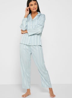 Buy Striped Shirt and Cropped Pyjama Set Powder Blue in UAE