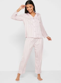 Buy Striped Pattern Shirt And Pyjama Set Pink in UAE