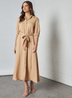 Buy Basic Plain Collared Neck Midi Dress Beige in UAE