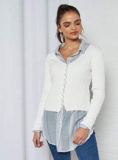Buy Plain Pearl Button Collared Neck Cardigan Off White in UAE