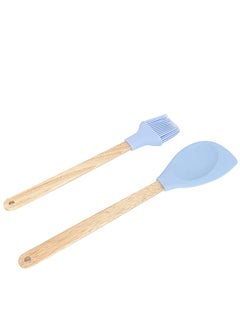 Buy 2-Piece Wooden Handle Silicone Spoon And Brush Blue 30cm in UAE