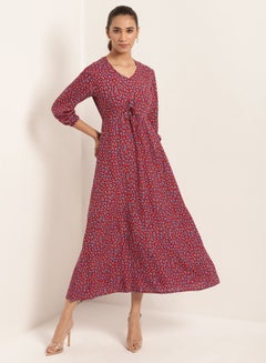 Buy Floral Print Three Quarter Sleeves Long Maxi Evening Dress Red in Saudi Arabia