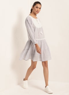Buy Embroidery Layered Long Sleeves Dress Grey/White in Saudi Arabia