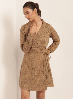 Buy Lapelled Front Long Sleeves Dress Brown/Black in UAE