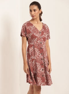 Buy Floral Print Short Sleeves Dress Red/White in UAE