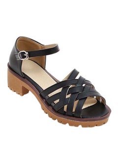 Buy Leather Block Heels Sandals Black in UAE