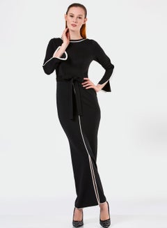Buy Belted Front Slit Maxi Dress Black/White in Saudi Arabia
