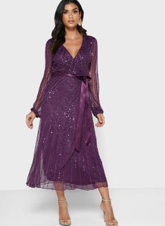 Buy Mesh Sleeve Wrap Front Embellished Dress Burgundy in UAE