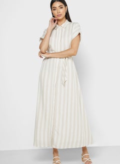 Buy Belted Striped Shirt Dress White/Grey in UAE