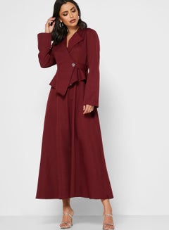 Buy Wrap Front Peplum Midi Dress Burgundy in UAE