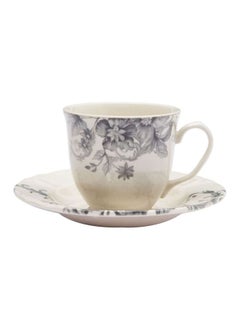 Buy 2-Piece Floral Printed Cup And Saucer Set White/Black 200ml in UAE