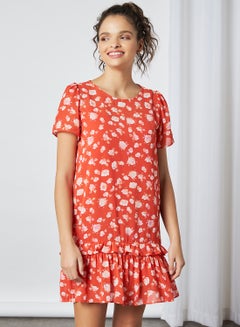 Buy Chiffon Floral Pattern Tiered Dress Red/Cream in Egypt
