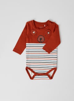 Buy Stripes Pattern Long Sleeve Bodysuit Burnt Brick in UAE