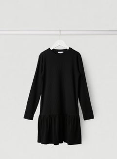 Buy Pleated Long Sleeve Midi Dress Black in UAE
