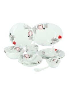 Buy 33-Piece Opalware Dinner Set White/Red/Black 6xDinner Plates - 10inch , 6xQuartes Plates - 7.5inch, Oval Plate - 13inch, 6xDeep Soup Plate - 8inch, 6xSoup Bowl - 5inch, ,6xSpoons, 2xServing Bowls - 8inch in Saudi Arabia