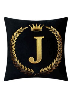 Buy Letter J Embroidered Cushion Cover Black/Gold 18x18inch in UAE