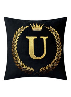 Buy Letter U Embroidered Cushion Cover Black/Gold 18x18inch in UAE