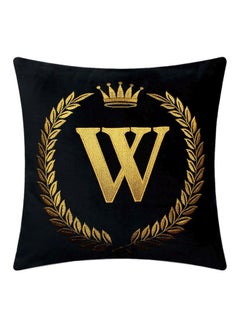 Buy Letter W Embroidered Cushion Cover Black/Gold 18x18inch in UAE