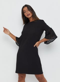 Buy Solid Design Round Neck Dress Black in Saudi Arabia