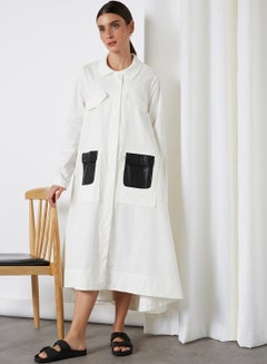 Buy Front Pocket Long Sleeve Midi Dress White in UAE