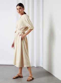 Buy Pleated Three Quarter Sleeve Midi Dress Beige in UAE