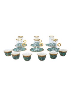 Buy 18-Piece Tea Set Blue/Gold/Clear Coffee Cup (6x100 ml), Tea Glass (6x120 ml), Saucer 6x (34x32x8cm) in Saudi Arabia