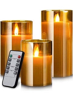 Buy 3-Piece LED Real Wax Battery Flameless Candle Set Gold in UAE