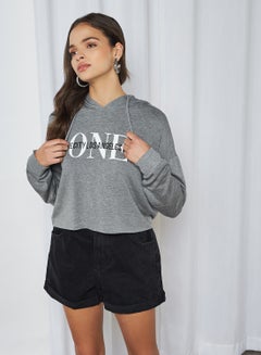 Buy Printed Long Sleeve Hoodie Light Grey Melange in UAE