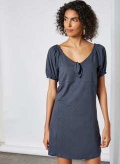 Buy Solid Peasant Neck Mini Dress Ombre Blue Acid Wash in Egypt