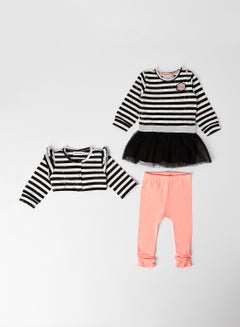 Buy Striped Pattern Top with Leggings Black/Bright Pink/Off White in Saudi Arabia