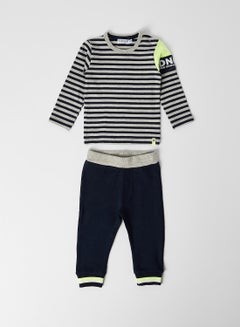 Buy Striped T-Shirt with Pant Navy/Grey Melee/Neon Yellow in Saudi Arabia