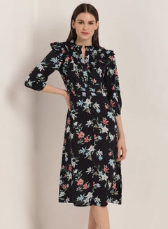 Buy Floral Print Three Quarter Sleeves Dress Black/Pink in Saudi Arabia