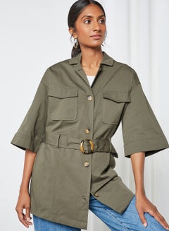 Buy Two Front Pockets Adjustable Waist Jacket Khaki in UAE