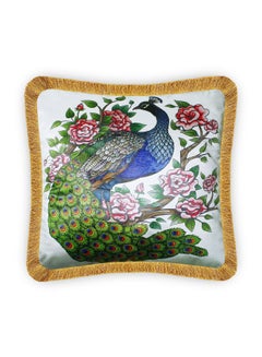 Buy Peacock Printed Cushion Cover White/Blue/Green 45x45cm in UAE