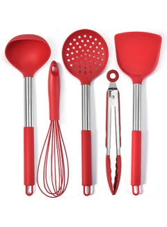 اشتري Kitchen Utensil Set, Silicone Heat-Resistant Kitchen Cooking Tools, 5pcs Kitchen Utensils, Whisk, Basting Brush, Slotted Turner, Large Spatula, Small Spatula أحمر 30.00*8.00*10.00سم في السعودية