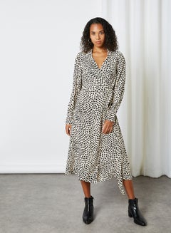 Buy Dot Pattern Long Sleeve Midi Dress Beige Check in UAE