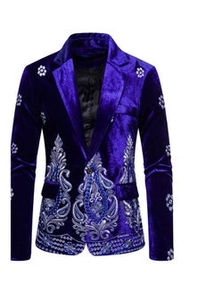 Buy Velvet Suit V-Neck Lapel Embroidery Floral Coat Royal blue in UAE