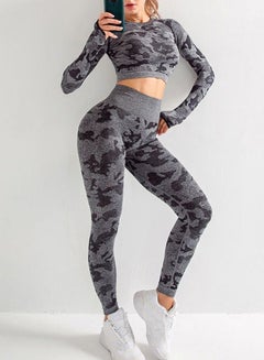 Buy 2-Piece Camouflage Printed Sports Suit Grey/Black in UAE