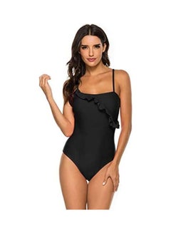Buy Women Solid Ruffle Swimsuit Strap Bikini Swimwear Black in Saudi Arabia