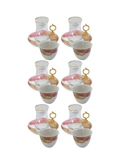 Buy 18-Piece Tea And Coffee Cups Set Pink/Yellow/White 6x Tea Cups (150 ml), 6x Coffee Cups (100 ml), 6x Saucers (14 cm) in Saudi Arabia